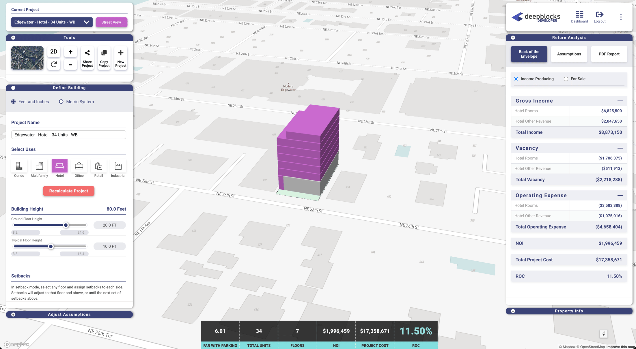 Developer software view of Edgewater 34-key hotel opportunity