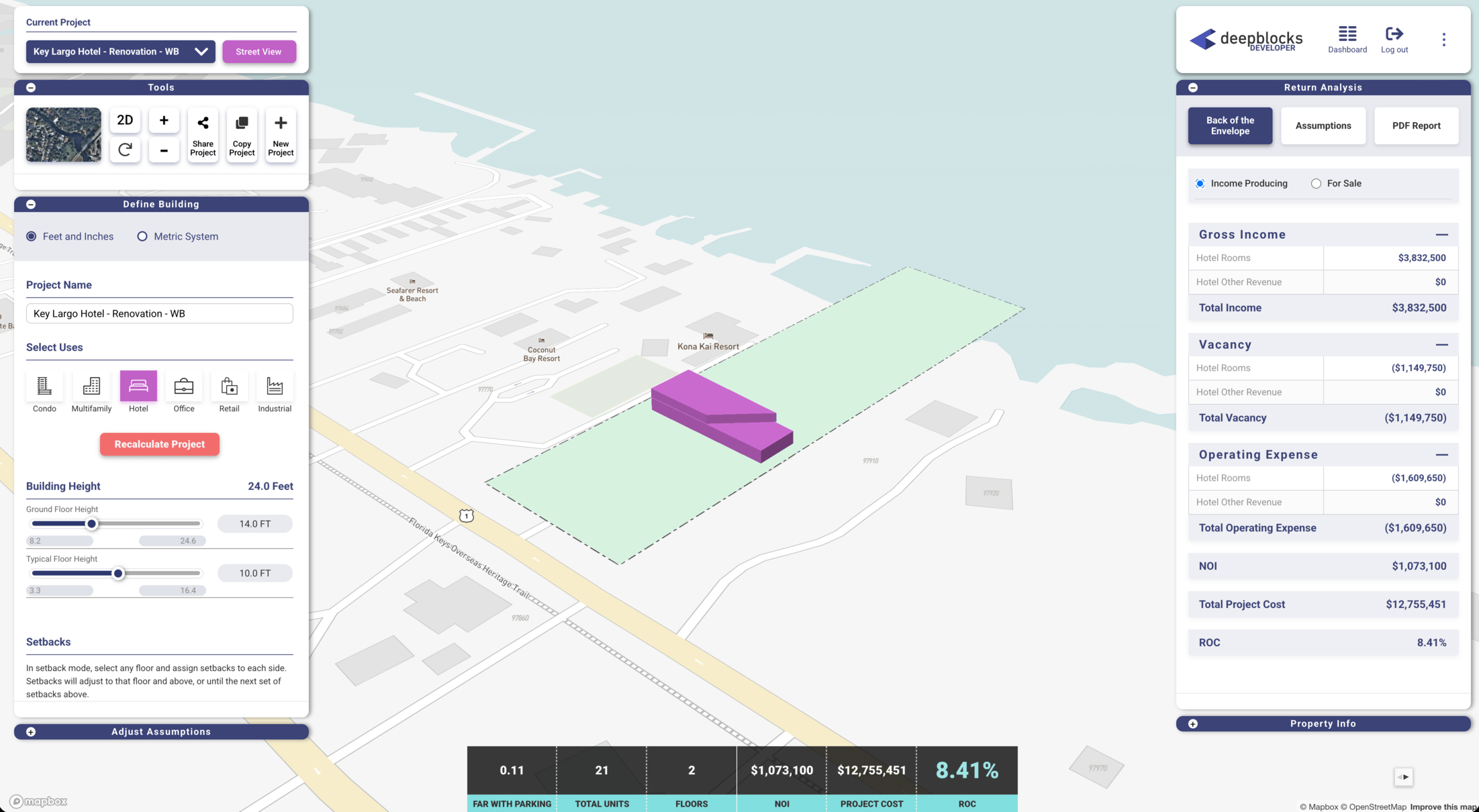 Developer software view of Key Largo waterfront hotel repositioning opportunity