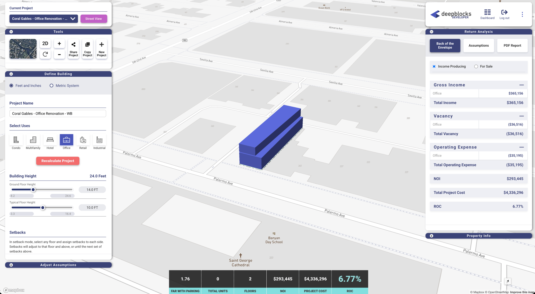 Developer software view of Coral Gables office repositioning opportunity