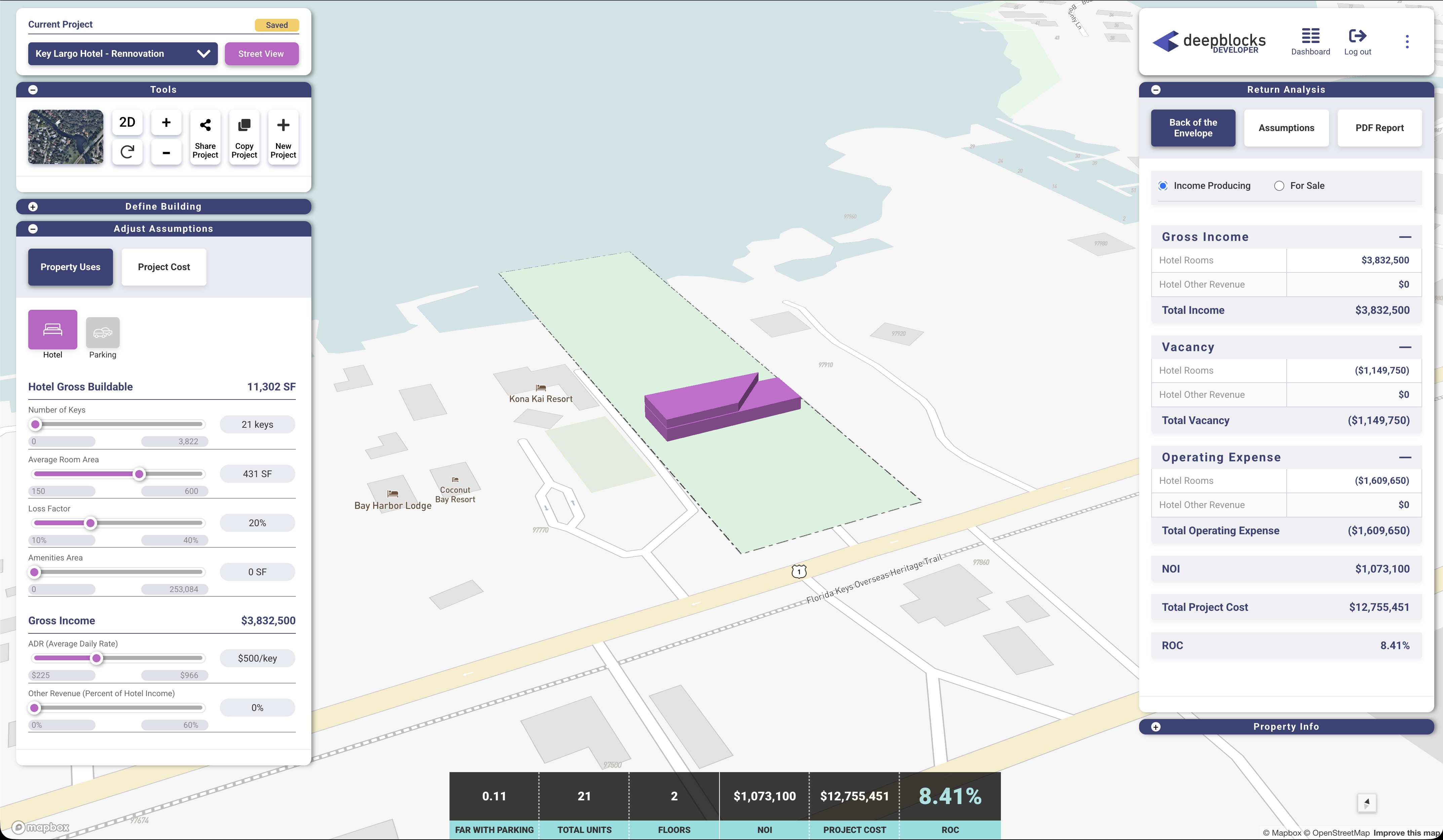 Developer software view of Key Largo waterfront hotel repositioning opportunity