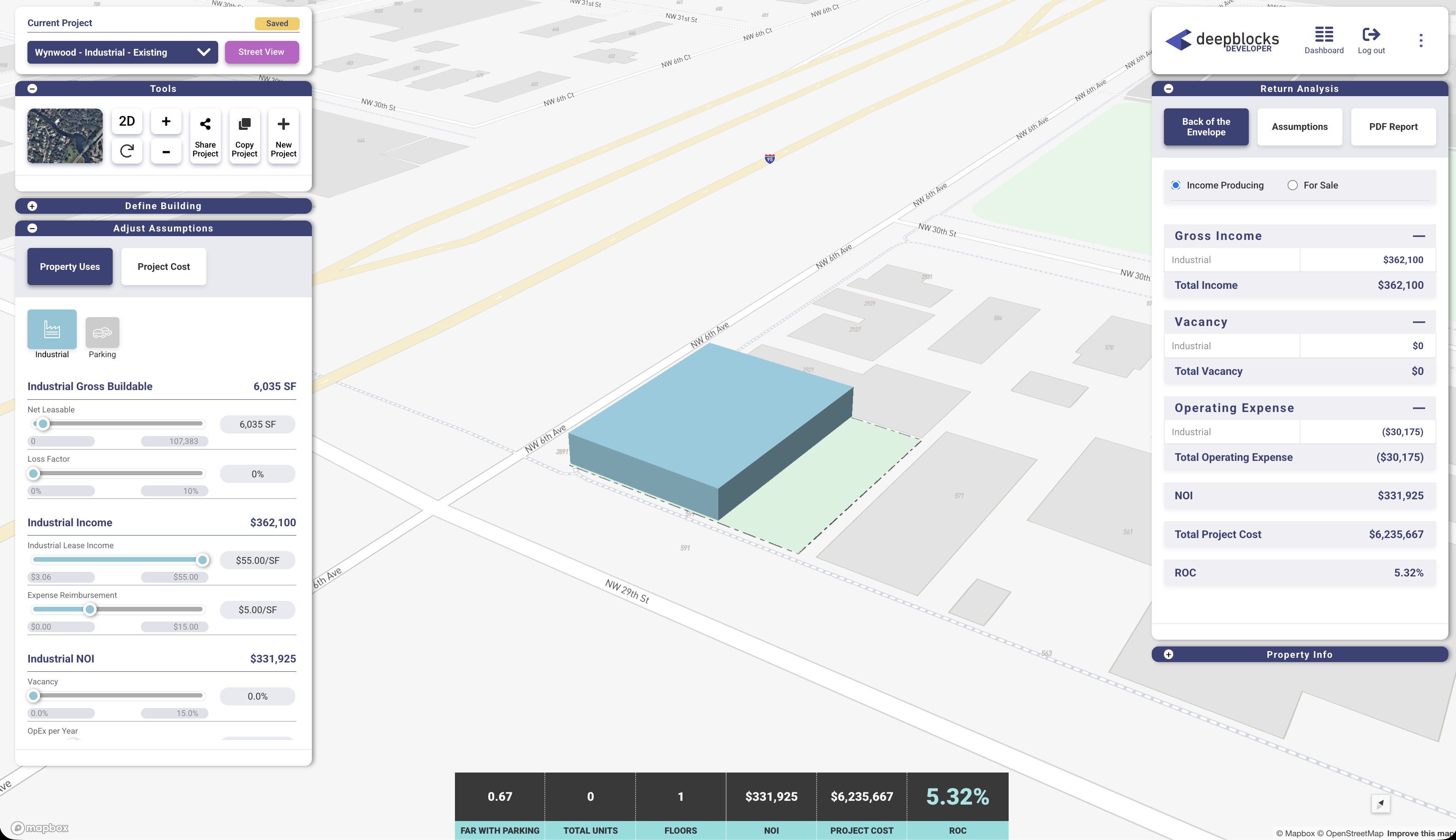 Developer software view of industrial repositioning with condo redevelopment opportunity