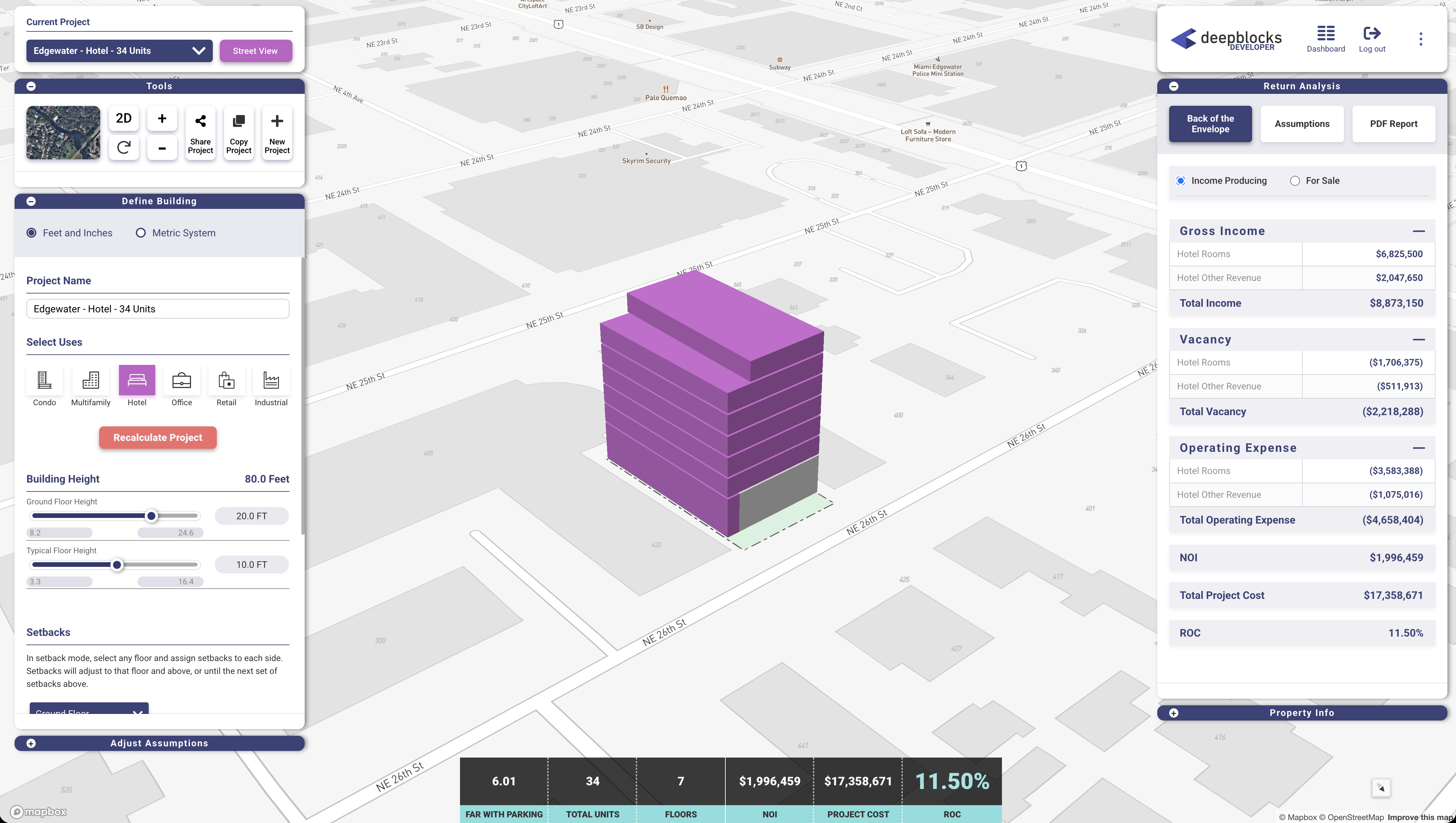 Developer software view of Edgewater 34-key hotel opportunity